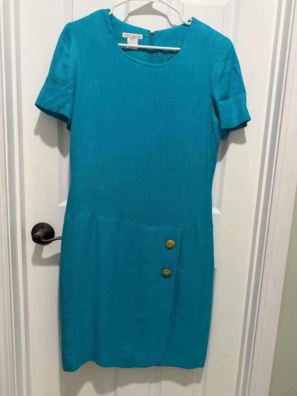 Vintage Jos a Bank Teal Short Sleeve Sheath Dress with Gold Buttons size 6